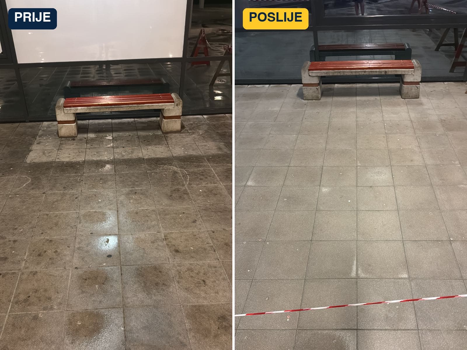 Ista klupa na autobusnom kolodvoru u Samoboru prije i poslije strojnog pranja poda